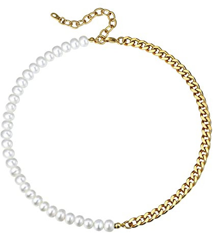U7 Spleißen Halbe Gold Panzer + Halbe Süßwasserperlenkette Damen Herren Asymmetrische Schlüsselbein Halskette Modeschmuck Necklace Accessoire für Valentinstag Weihnacht 03: Gold