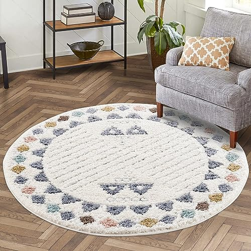 carpet city Teppich Hochflor Wohnzimmer - 200x200 cm Rund - Boho-Style Bordüre Creme Multi - Cut-Loop, Hochtief, 3D-Effekt - Shaggy Teppiche Flauschig-Weich Schlafzimmer Langflor