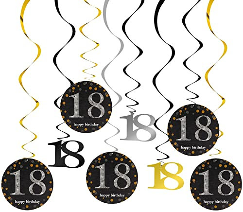 AINIIUNIU 12 Stücke Schwarz Gold 18. Geburtstag Hängend Wirbel Dekoration, für Geburtstag Frauen, 18 Geburtstag, Hochzeit, Jubiläum oder Partydeko