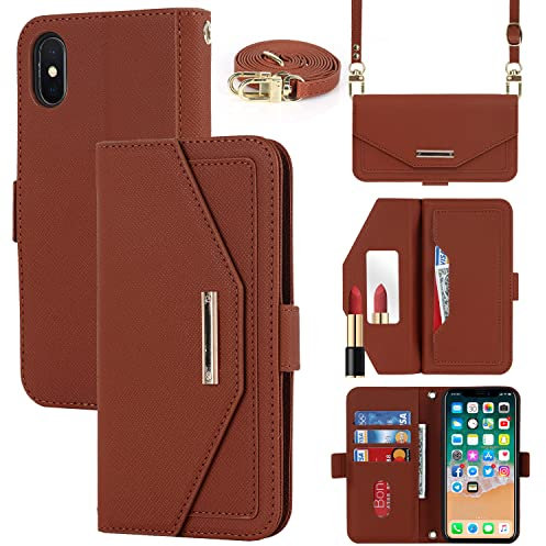 Cavor Case compatible with iPhone X/XS Phone Case With Strap,Crossbody Flip Leather Wallet Case,[5 Card Holder][Mirror][Magnetic],Lanyard Case Cover for women - Brown