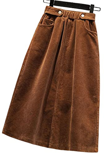BUJNIE Jupe midi grande taille pour femme - En velours côtelé - Jupe longue pour femme - Automne et hiver - Taille haute, auburn, XXL