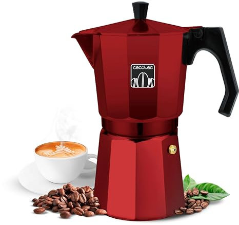 Cecotec Cafetière italienne Mokclassic 300 Red. Expresso, aluminium, 3 tasses, tous feux, joint silicone, manche ergonomique, filtre et valve en acier inoxydable.
