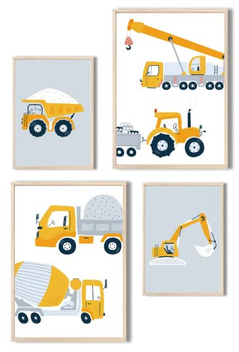 MeinBaby123® Bilder Baufahrzeuge | 4er Set DIN A4 & DIN A5 | Bagger, Kran, Kipplaster | Poster Kinderzimmer | Deko Bilder Kinderzimmer Junge | Babyzimmer Deko | Premium Qualität (Bagger V4)
