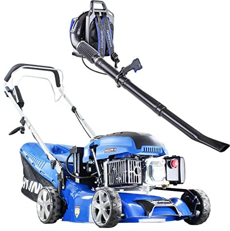 Hyundai Petrol Lawnmower 17 43cm Cut Electric Start & Petrol Leaf Blower Bundle 3 Year Warranty, Blue