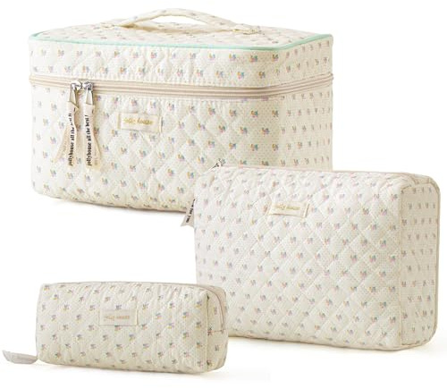 HBselect Quilted Makeup Bag, 3PCS Cotton Large Travel Makeup Bag, Cute Floral Coquette Make up Bag Cosmetic Bag Toiletry Bag for Women Girls