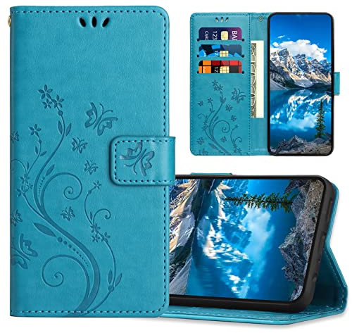 JZASES Hülle für Samsung Galaxy A22 4G / M32 4G / M22 4G, PU Leder Handyhülle, Klappbar Prägung Brieftasche Stoßfeste Schutzhülle Kompatibel mit Samsung A22 4G / M32 4G / M22 4G, Blau