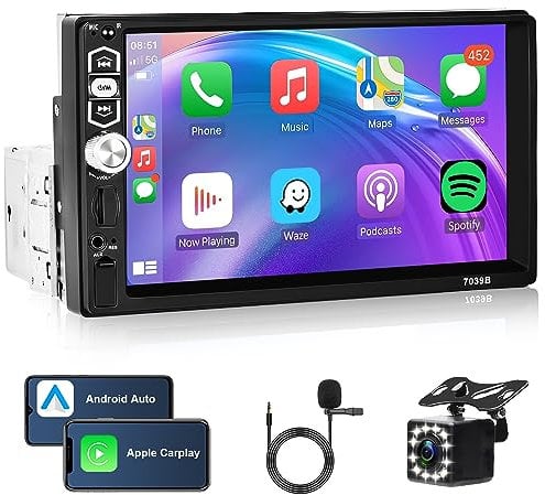Autoradio 1 Din mit Apple Carplay Android Auto Bluetooth Freisprecheinrichtung 7 Zoll Touchscreen Autoradio mit IOS/Android Mirror Link Bluetooth FM/USB/AUX Mikrofon Lenkradsteuerung + Rückfahrkamera