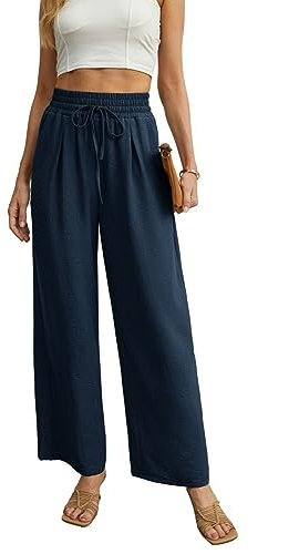 QIXING Weite Hosen Damen High Waist Palazzo Hose Gerade mit Taschen Yoga Stoffhose Damen Elegant Sommer Damenhose mit Gummizug (Marineblau, M)