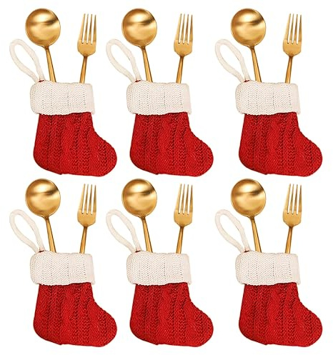 SUNTRADE Red Knitted Christmas Tableware Silverware Holders Set, Knife and Fork Bags Covers for Thanksgiving New Year Party Decorations Xmas Dinner Table Decor Ornaments,Set of 6