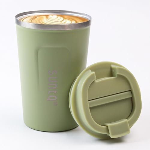 SUNTQ Kaffeebecher to go aus Edelstahl - Thermobecher Doppelwand Isoliert - Kaffeetasse mit Auslaufsicherem Deckel Wiederverwendbar (Sage, 380ml)