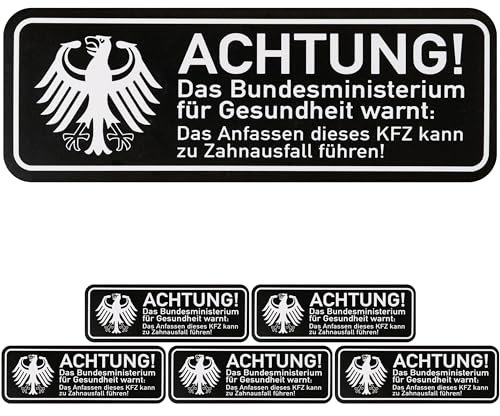 Lustiger KFZ Aufkleber ACHTUNG! Anfassen führt zu Zahnausfall!, 6 Stück, 10 x 3,5 cm, selbstklebende Folie, außenklebend, berühren verboten Klebeschild für Auto, Motorrad, Hinweis nicht anfassen