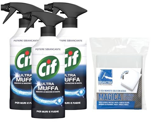 Set Pulizia: Ultra Muffa, Spray Antimuffa, Formato 500 ml, Spray Detergente + Spugna Magica Professionale, Resistente e ad Alta Intensità (3 Flaconi + 1 Spugna) + OMAGGIO 100pz Guanti HDPE Monouso