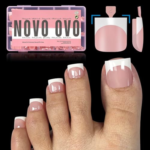 NOVO OVO French Tip Toe Nail Tips Press on, Extension de faux ongles en gel doux carré, BABY PINK Pré-appliqué Tip Primer & Base Coat, Couverture complète Acrylique pour DIY x 15 Tailles 240 pcs