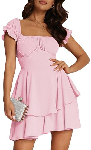 Springcmy Women Puff Sleeve Off Shoulder Dress Ruffle Tiered Smocked Layered Flowy Beach A-line Short Mini French Dress (A-Pink, S)