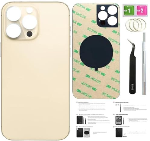 14 Pro Max - Cristal trasero de repuesto para iPhone 14pro Max (dorado, 6.7 pulgadas) con cinta preinstalada + instrucciones de instalación + herramientas de reparación (dorado)