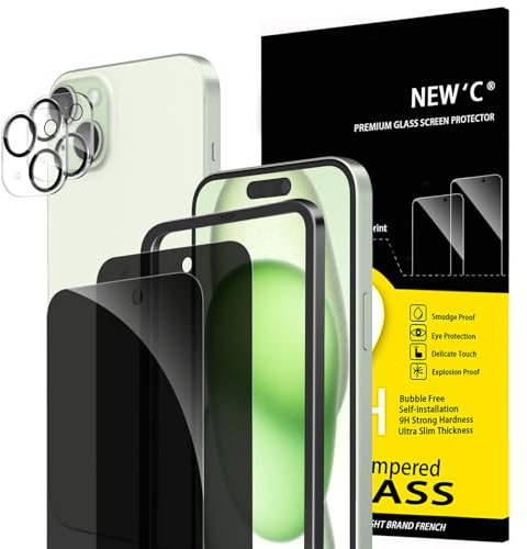 NEW'C Kit de 4, 2 x Verre Trempé Anti-Espion pour iPhone 15 Plus (6,7 Pouces) et 2 x Protection Caméra Arrière - Kit Outil d'Installation Facile - Angle de Confidentialité 28 Degrés Amélioré