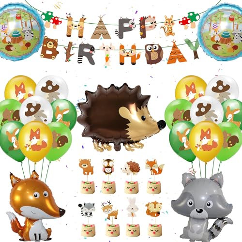 Runyuzi Safari Geburtstagsdeko Waldtiere Luftballons - 44 Stück Dschungel Geburtstag Deko Dschungel Happy Birthday Banner Fuchs Waschbär Igel Ballons für Kindergeburtstag Party Safari Geburtstagsdeko