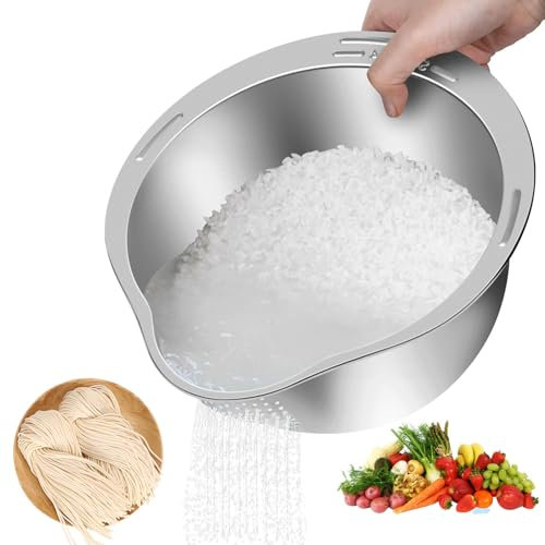 Tazón Para Lavar Arroz, Colador Para Lavar Arroz, 4 En 1 Cesta de Drenaje Multifuncional, Para Limpiar Frutas, Verduras Y Judías, Escurridor Verduras (Plata)