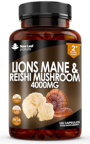 Lions Mane Capsules 4000mg + Reishi Mushroom - Lions Mane Supplement High Strength - Lions Mane Supplement - 120 Vegan Lion Mane Powder Capsules - Made in UK by New Leaf
