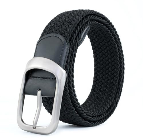 BOZEVON Elastischer Gürtel Herren - Geflochtener Stretchgürtel Unisex Gewebter Gürtel Lässiger Gürtel Verstellbar Stretchgürtel Männer Flechtgürtel (Schwarz Silber)