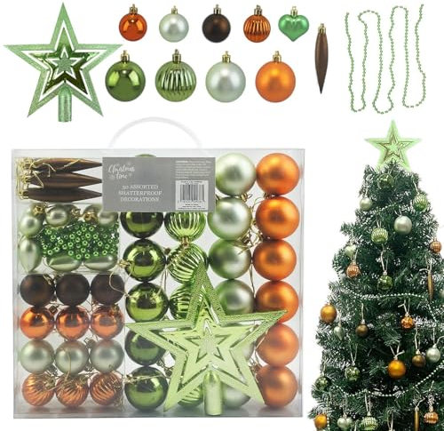 Daniel James 50-Piece Christmas Baubles Set – Shatterproof Hanging Baubles with Bead Chain & Star Tree Topper - Christmas Tree Decorations & Xmas Ornaments - Sage Green