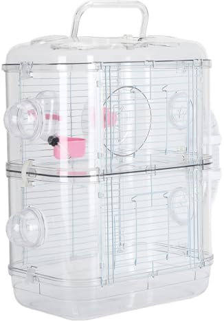 Double Layer Hamster Cage Portable Large 3-Floors Small Animal Enclosure with Tunnel Design, Front Door, Locking Buckles, Handle for Rodent Gerbil Mouse Mice Rat (Pink), for (2