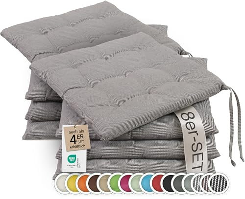 ZOLLNER 8er Set Sitzkissen in 40x40cm - gemütliche Stuhlkissen mit Bindebänder - waschbar bis 30°C - in braun-weiß-gestreift - Oeko Tex® Zertifiziert