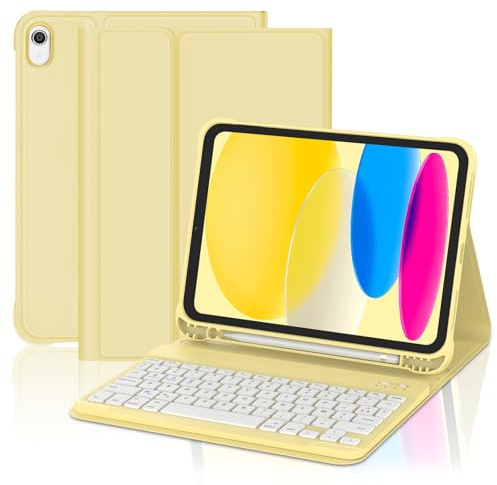 IVEOPPE Clavier iPad A16 11ème Génération 11 Pouces 2025/iPad 10ème Génération 10.9” 2022, Coque Clavier AZERTY sans Fil Bluetooth pour iPad 10eme/11eme avec Fonction de Ranger Le Stylet, Jaune