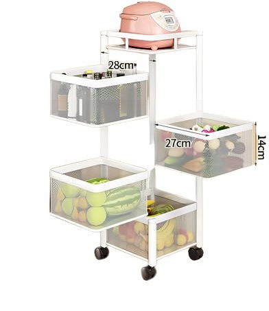 Küchenregal mit Rädern 4-stöckiges drehbares Regal für die Organisation von Obst, Gemüse und Snacks in Weiß