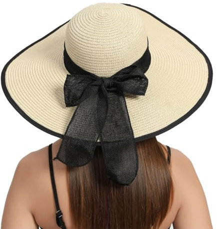 RVROVIC Women's Floppy Straw Sun Hat Foldable Summer Beach Hat Packable Roll Up Wide Brim Crochet Bucket Hat,Black&Beige