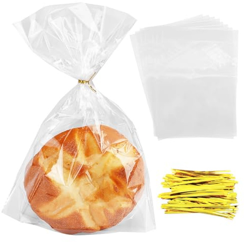 HMIEPRS Lot de 100 Sachets en Cellophane Transparents, Sac de Stockage de Pain avec Attaches Réutilisables pour Pain Fait Maison Toastie Bonbon Donuts Sandwichs (23 x 32 cm)