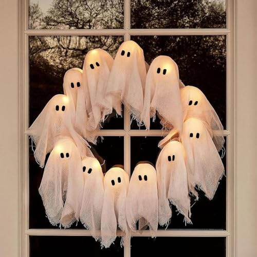 Halloween Türkranz mit LED Licht, Halloween Deko Geister Türkranz Ø 35 cm, Helloween Geister Türkranz, Leuchtende Geisterkranz Batteriebetriebene für Halloween Türdeko, Wand und Fensterdeko (A)
