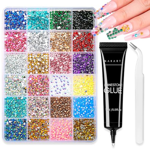 Makartt 15ml Rhinestone Glue with 3360pcs 24 Colors Flatback Crystals, Super Adhesive Nail Gel with Nail Charms Gems Decorations, 3D Gel Nail Art Bling Jewel Diamonds