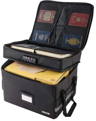 VEVOR feuerfeste Dokumentenbox Dokumententasche, 1000 °C wärmeisolierte, wasserfeste Dokumentenaufbewahrungsbox mit Schloss, tragbare & zweilagige Aktentasche für Reisepässe wichtige Dokumente