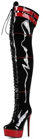 Veelau Meieer Bottines à talons hauts pour femme - Bottes à lacets avec lanières, Noir et rouge., 44 EU