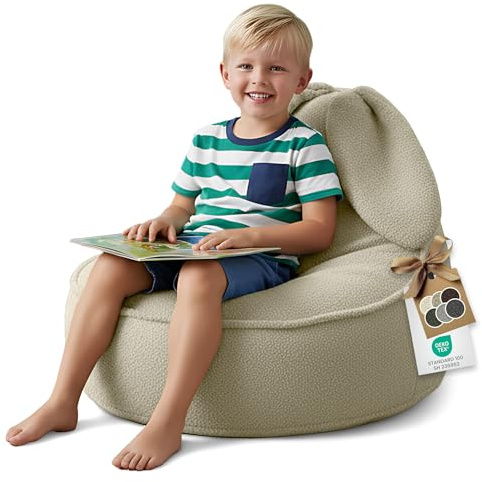 DreamRoots Sitzsack Kinder Bouclé, Hase Form, Kindersessel, Beige | 315 g/m², OEKO-TEX, mit Schaumstoffflocken, Sessel Kinderzimmer, Waschbarer Bezug