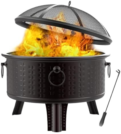 Braciere da Giardino Grande braciere da esterno - Braciere rotondo a legna for patio con attizzatoio portatile e parascintille