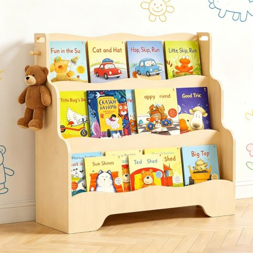 PAMPORPET Bücherregal Kinder Montessori Kinderregal mit 3 Ablagefächern Regal Kinderzimmer Spielzeug Aufbewahrung Büchergestell (Naturholzfarbe)