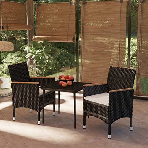 Tonture 3-TLG. Garten-Essgruppe Schwarz, PE-Rattan, pulverbeschichteter Stahl, Glastisch 80x80cm, mit Kissen, für Terrasse, Balkon, Essbereich Außen