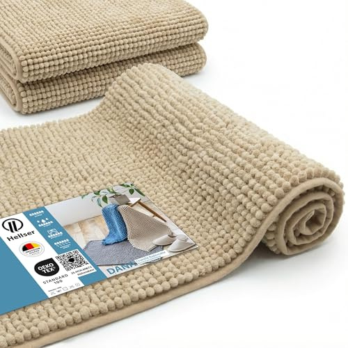 HELLSER Badezimmerteppich Dana | rutschfest & Waschbar | Weiche Chenille Badematte Kurzflor | Saugfähig & Schnelltrocknend | Oeko-TEX für Fußbodenheizung | Beige | 40x60 cm