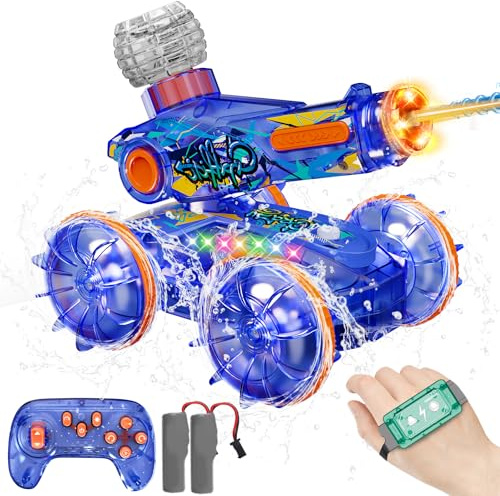 3 IN 1 Amphibienfahrzeug Ferngesteuert, Wasserdicht Ferngesteuertes Auto | 360°Drehung & Licht, RC Amphibienfahrzeug mit Wasserpistole, Ferngesteuertes Auto mit Handsteuerung, 2 Akku 90MIN Spielzeit