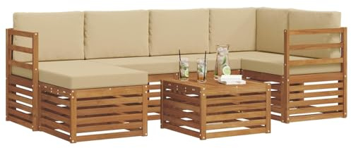 vidaXL Sofagarnituren 7 pcs Natur und Beige Massivholz Akazie, Gartenmöbel, modernes Sofa für draußen, modulare Loungemöbel, langlebige Terrassensitze und Komfort
