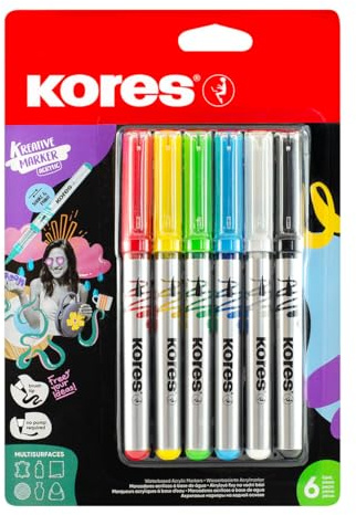 Kores Kreative Acryl-Marker, flüssige Tinte, Blister – Pinselförmige Spitze – hohe Deckkraft und lebendige helle Farben – sofortiger Tintenfluss – 6 Stück