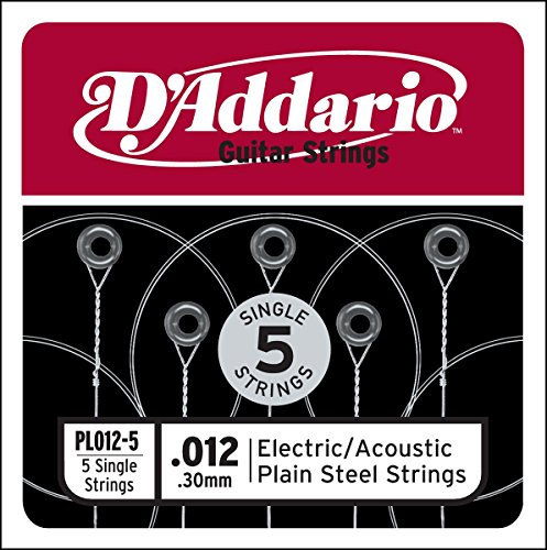 D'Addario PL012-5 Cuerda individual de acero liso para guitarra electrica/acustica, 5-Pack, 012