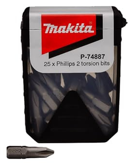 Makita p-74887 Phillips 2 Torsions Schraubendreher-Bits – Schwarz/Grau (Box 25 Stück)