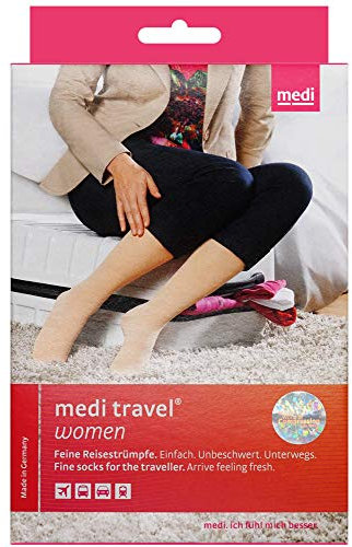 medi Travel Women Kompressionsstrümpfe Kniestrümpfe - Amtungsaktive Reisestrümpfe mit weichem Abschlussrand - KKL1 - Größe S - Schwarz - Geschl. Spitze - Kurz