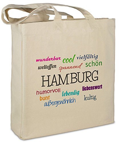 Stofftasche mit Stadt/Ort Hamburg - Motiv Positive Eigenschaften - Farbe beige - Stoffbeutel, Jutebeutel, Einkaufstasche, Beutel