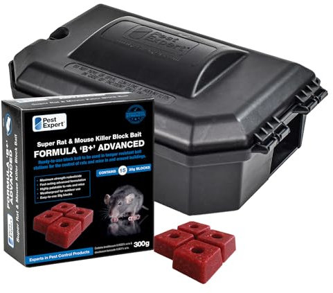 Pest Expert Rat/Mouse Killer Poison Bait Blocks (300g - 15 Blocks) Single Feed Fast-Acting Rat Poisoning Super Strength for Indoor/Outdoor Use & Heavy-Duty Rat Bait Box Station for Safe Control