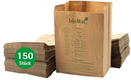 bioMat Kompostierbare 10l Papiertüten für Biomüll, 150 Biomülltüten aus Recyclingpapier, Nassfest, Keilboden