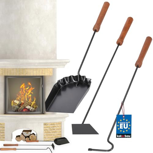 KOTARBAU® Kit de 3 accesorios para chimenea, pala, atizador y rascador de ceniza, Utensilios chimenea, Herramientas de metal con mango de madera para estufa, barbacoa, Color negro, 3 UDS